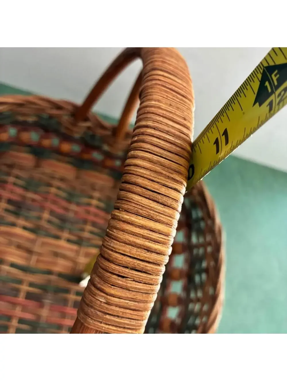 Vintage Woven Wicker Gathering Basket Wood Bead Trim Bentwood Handle Cottage